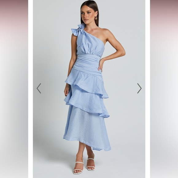 Showpo. Dresses & Skirts - Showpo Eugenia Midi Dress One Shoulder Fit & Flare Layered Dress in Pale Blue